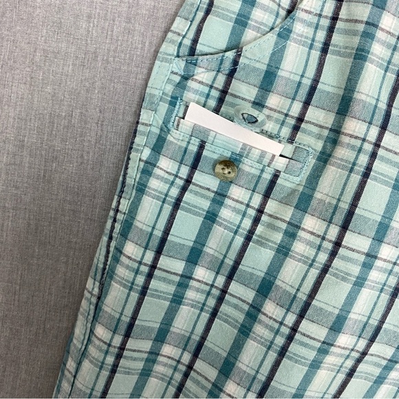 Columbia Plaid Bermuda Shorts Sz 8P 100% Cotton Teal Turqoise Plaid 5 Pockets - Picture 12 of 12